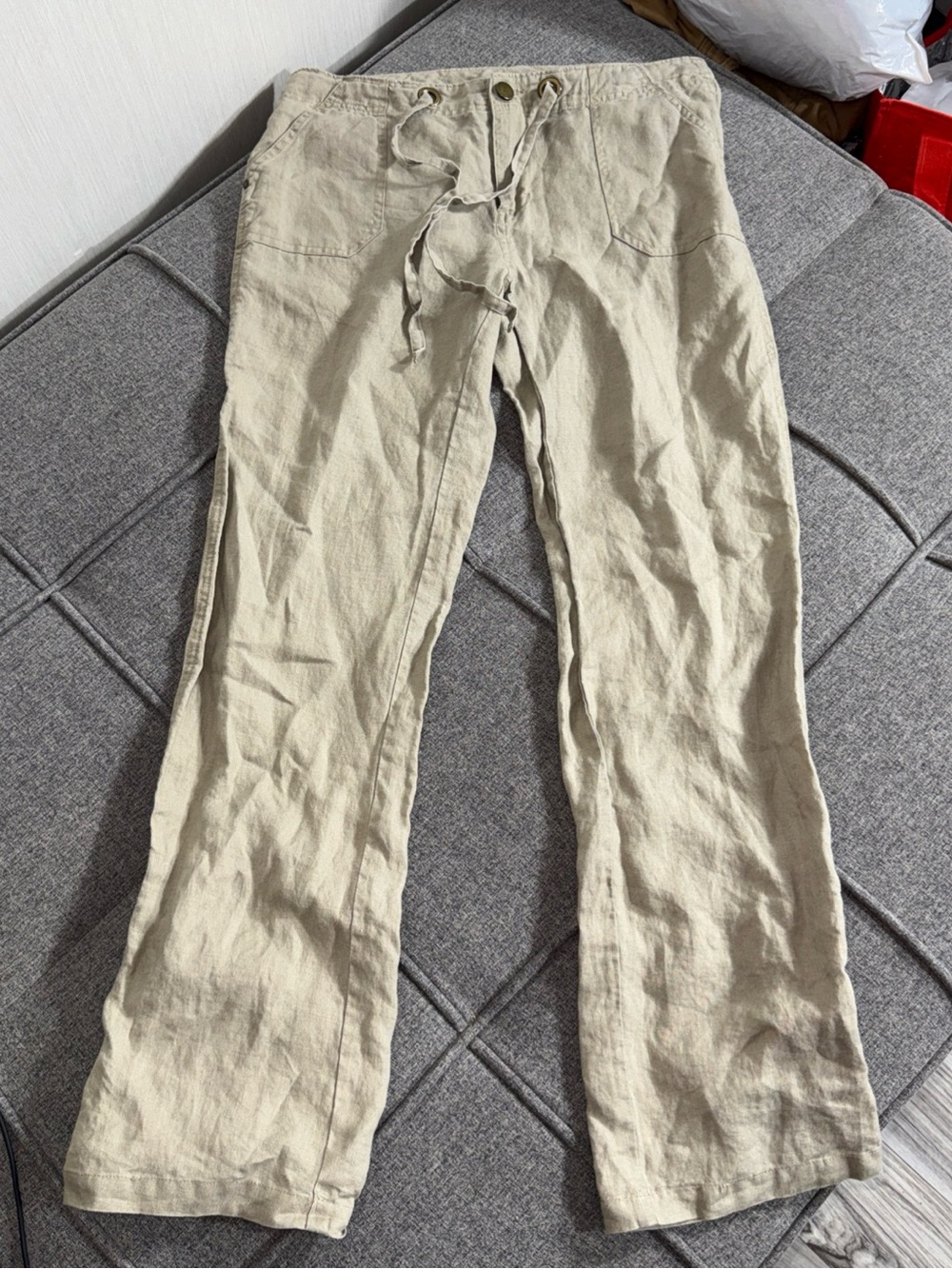Cynthia Rowley 10 Womens Pants Beige Utility Straight 100% Linen Roll Tab Hem